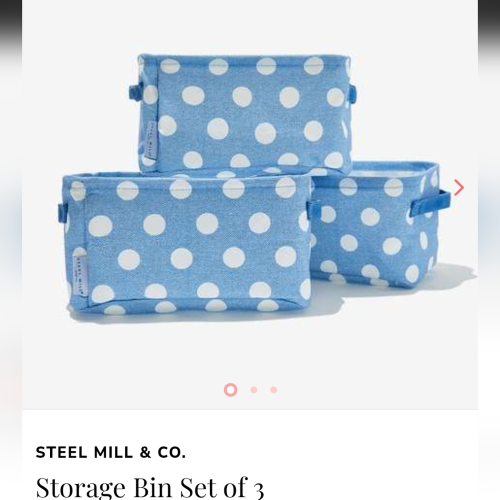 💖💖 BNIB Steel Mill & Co Storage Bin Set of 3 Blue&White Polka Dot Design